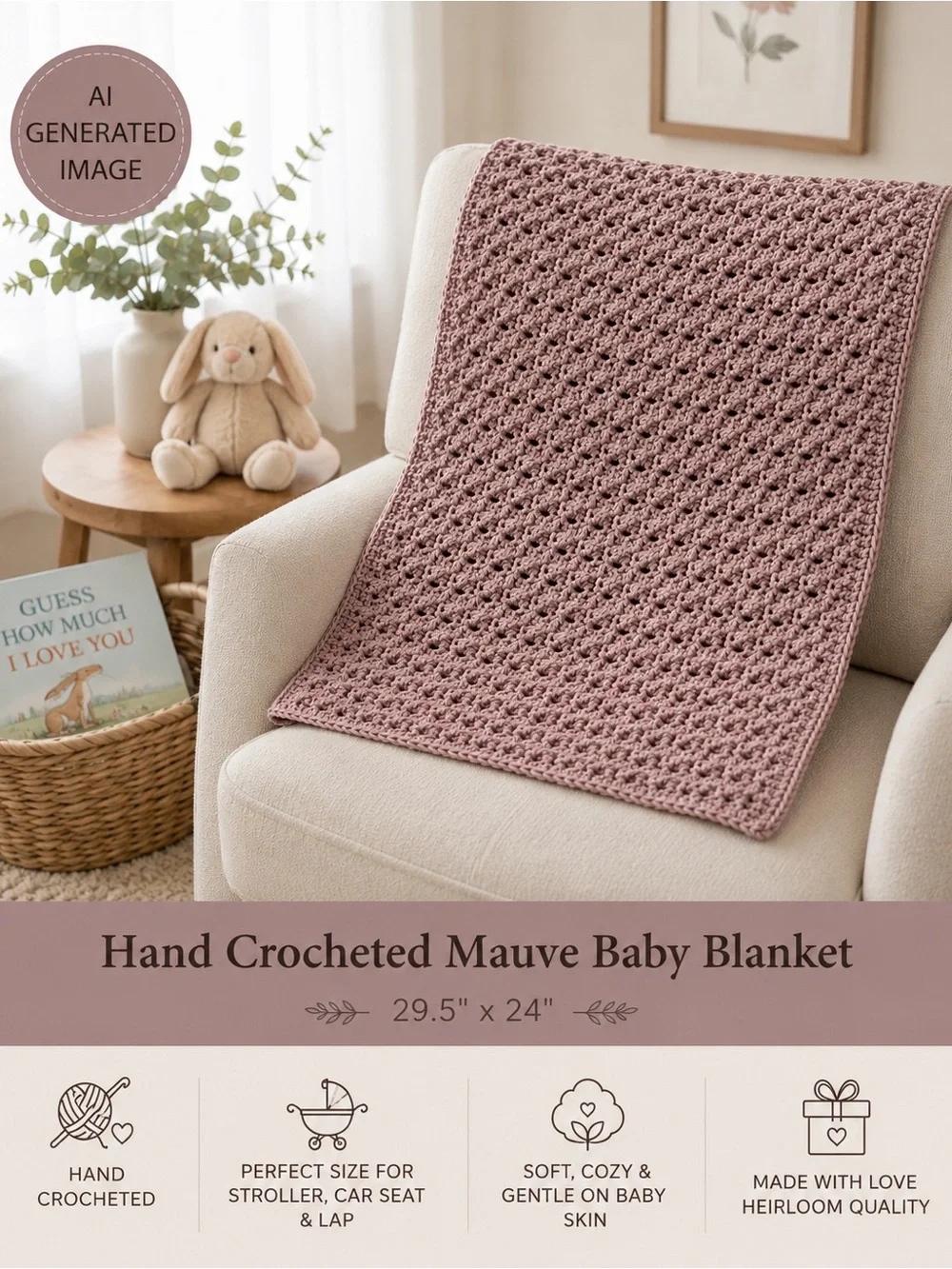 Hand Crocheted Mauve Baby Blanket 29.5” x 24”